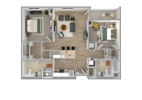 Two Bedroom  One Bathroom Floor Plan in 3D.at The Bodhi at Island Creek Village, Duxbury